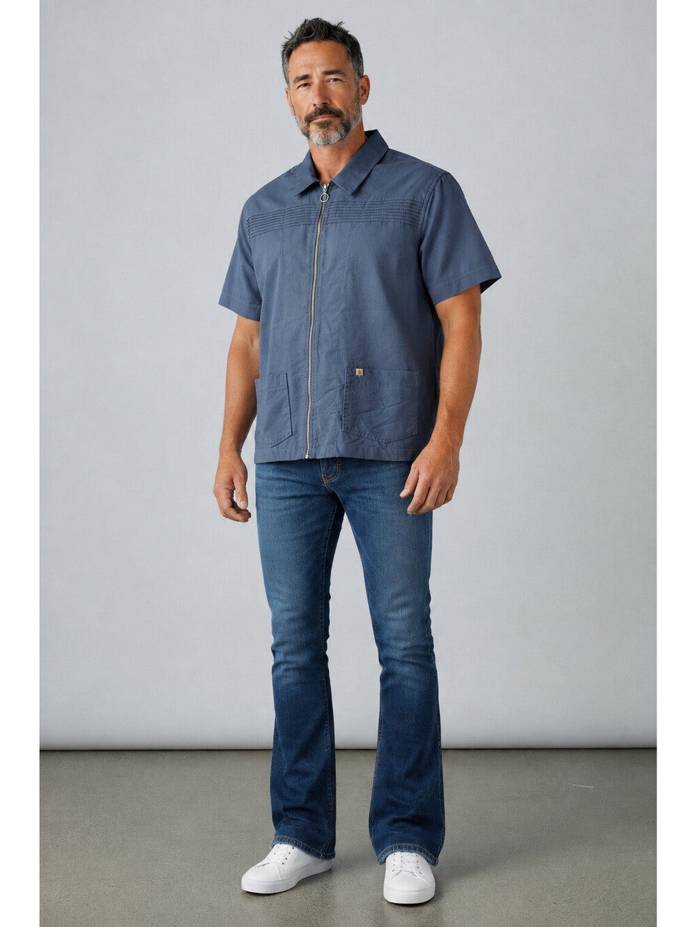 &Sons Cabana Shirt Dark Denim Blue Large full zipper, gas station shirt, Cotton